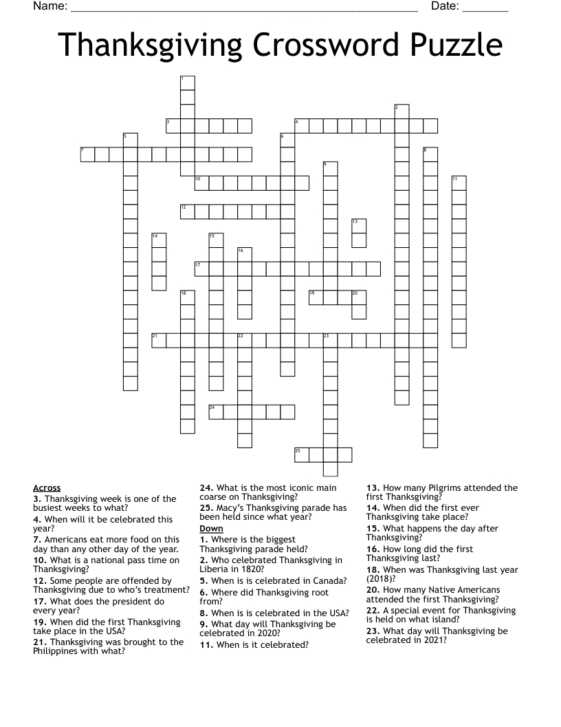 Thanksgiving Crossword Puzzle - Wordmint intended for The First Thanksgiving Crossword Puzzle