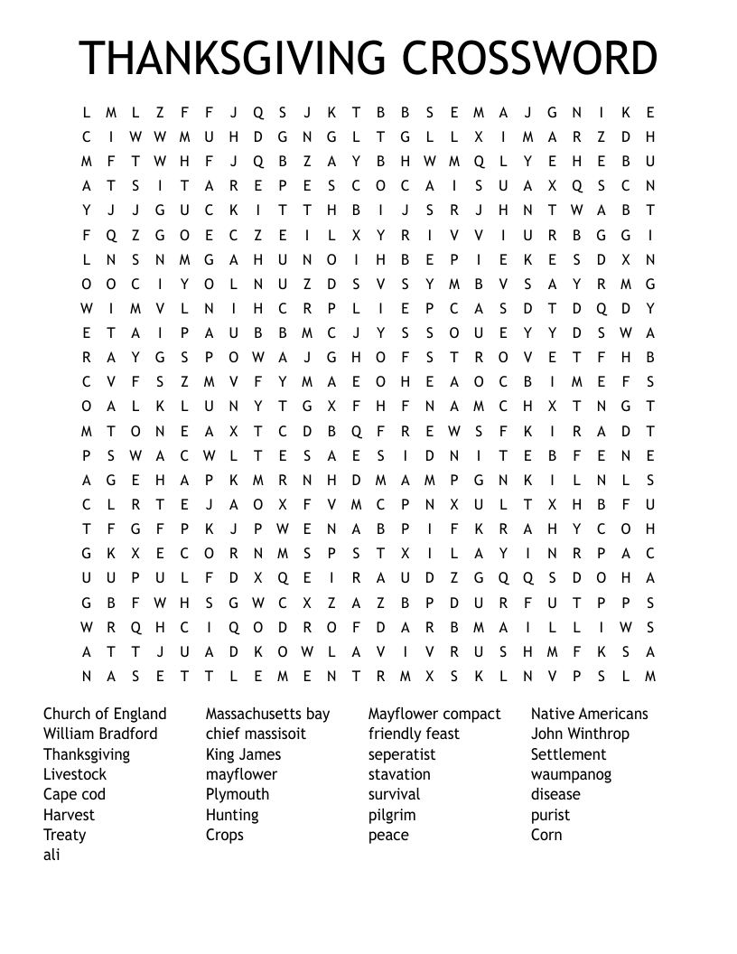Thanksgiving Crossword Word Search - Wordmint throughout Thanksgiving Crossword Puzzles Hard