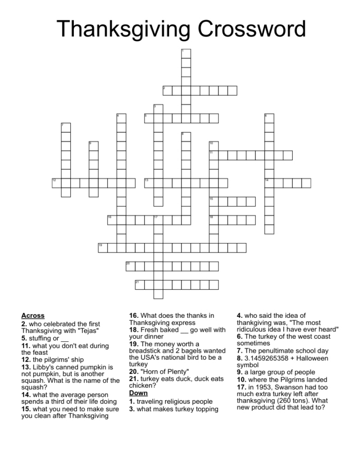 Thanksgiving Crossword Puzzle With Answer Key Thanksgiving Crossword Puzzle With Answer Key