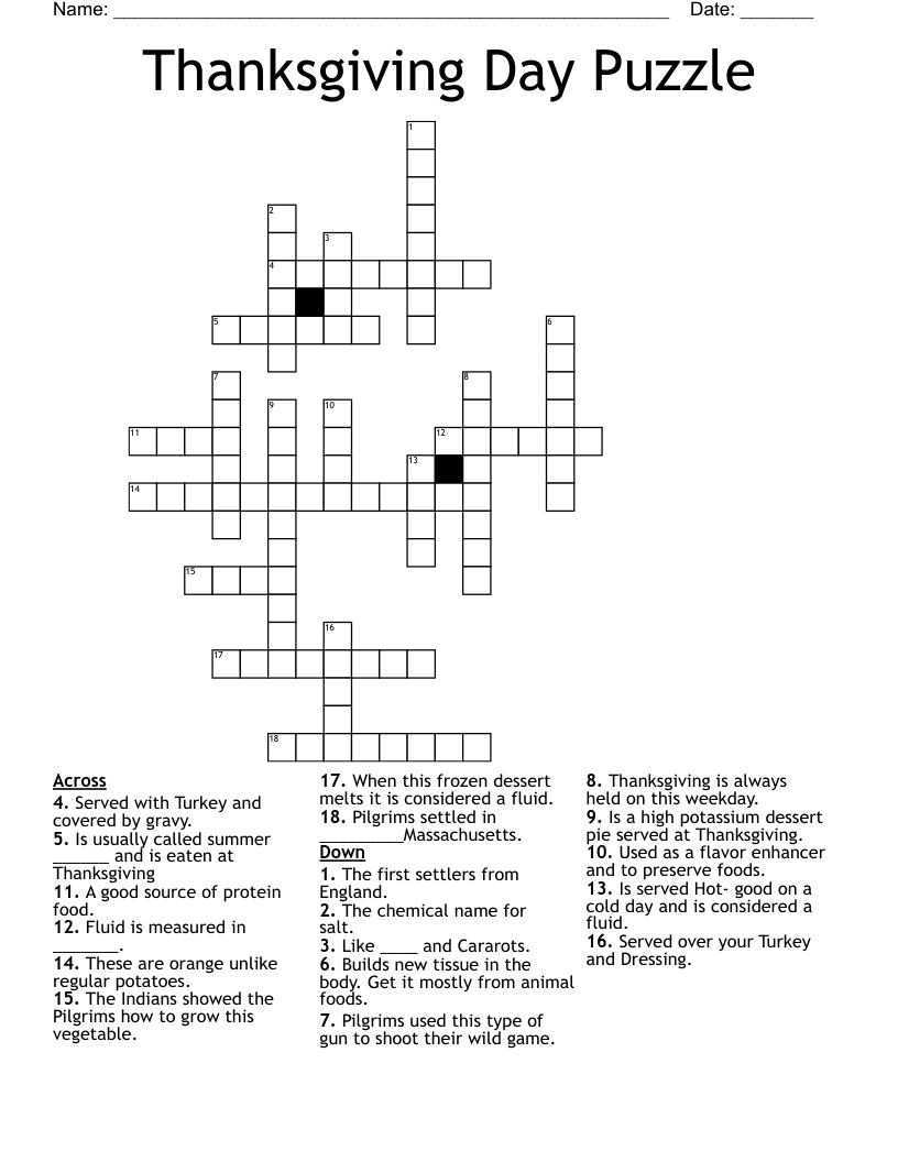 Thanksgiving Day Puzzle Crossword - Wordmint throughout Thanksgiving Cross Number Puzzle Answers