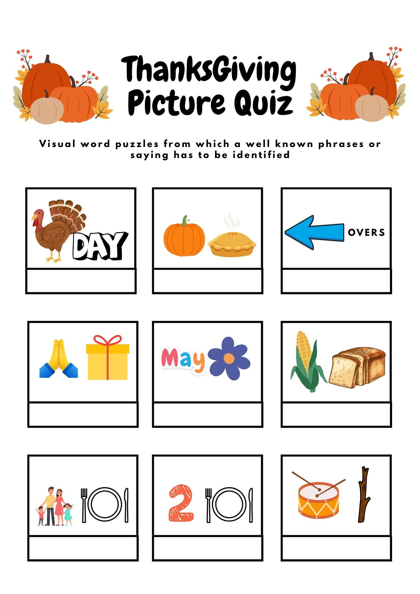 Thanksgiving Dingbat Knobel-Spiel: Bilder-Quiz, Brain Teaser (Pdf with Thanksgiving Rebus Puzzles Free