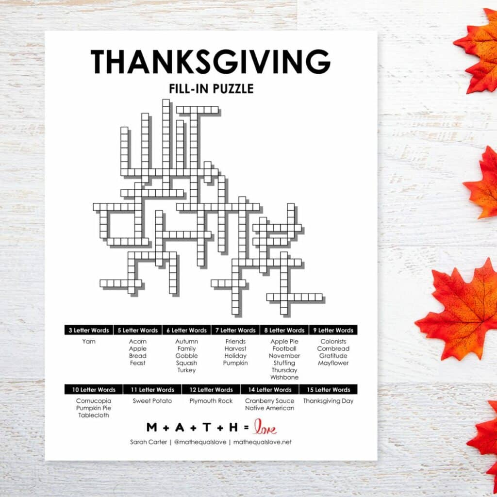Thanksgiving Fill-In Word Puzzle | Math = Love intended for Thanksgiving and Algebra Crossword Puzzle Answers