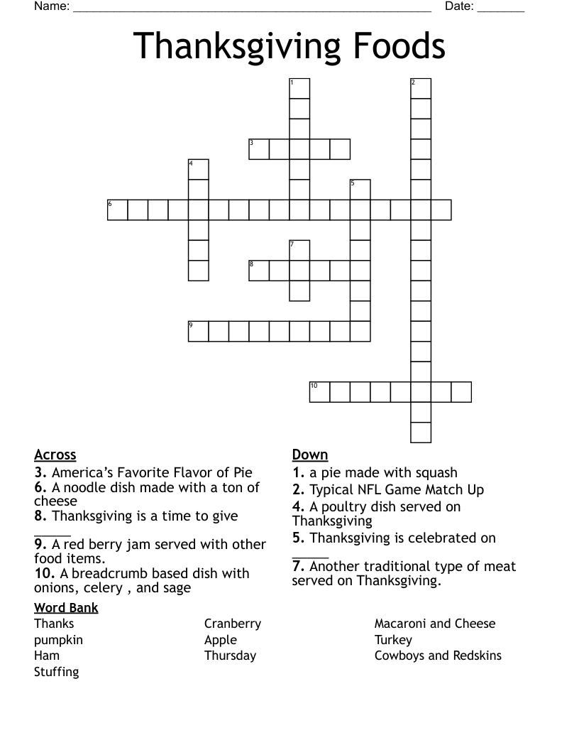 Thanksgiving Foods Crossword - Wordmint throughout First Thanksgiving Foods Crossword Puzzle Answer Key