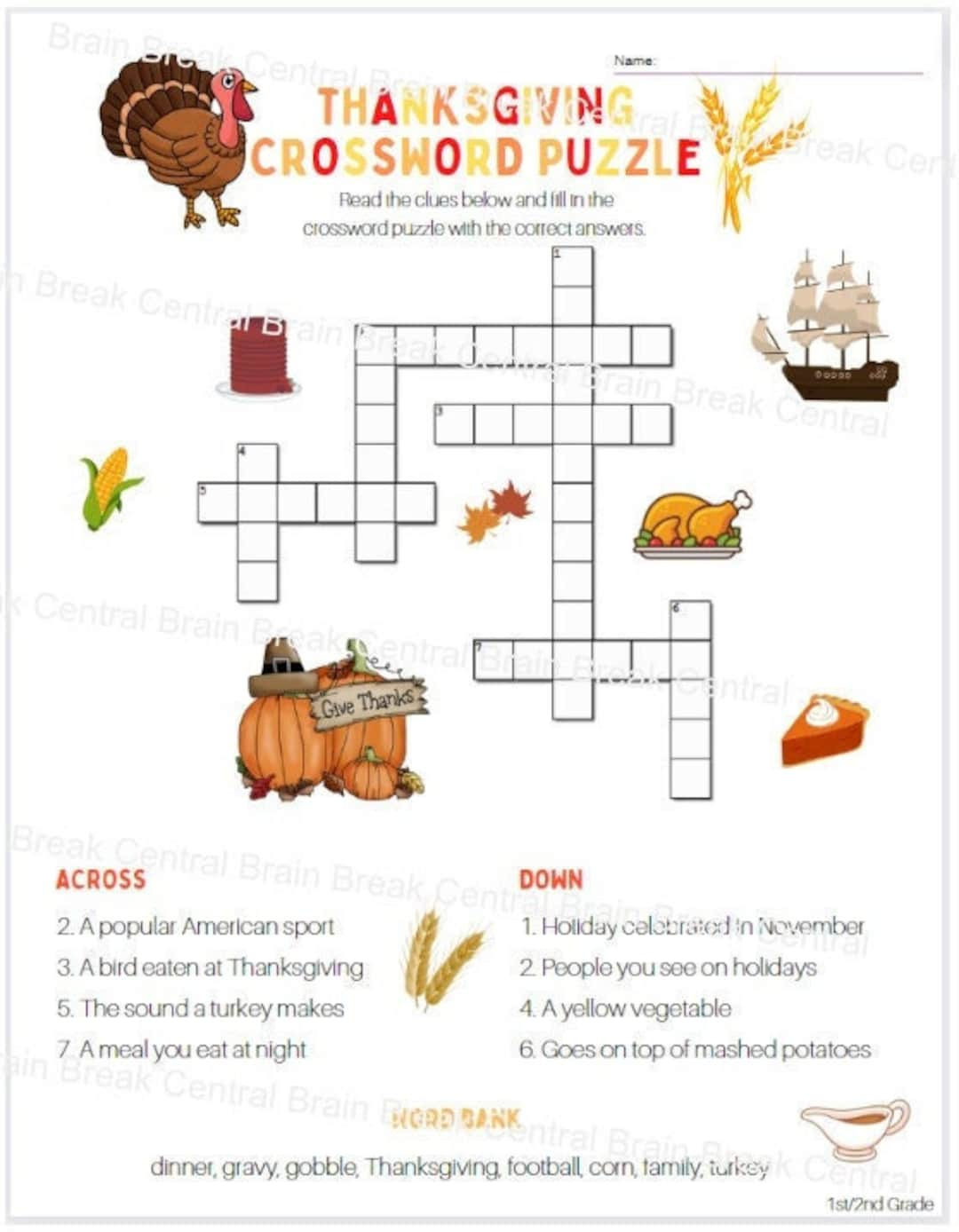 Thanksgiving-Kreuzworträtsel Der Ersten Klasse Mit Wortbank Und with regard to The First Thanksgiving Crossword Puzzle Answer Key