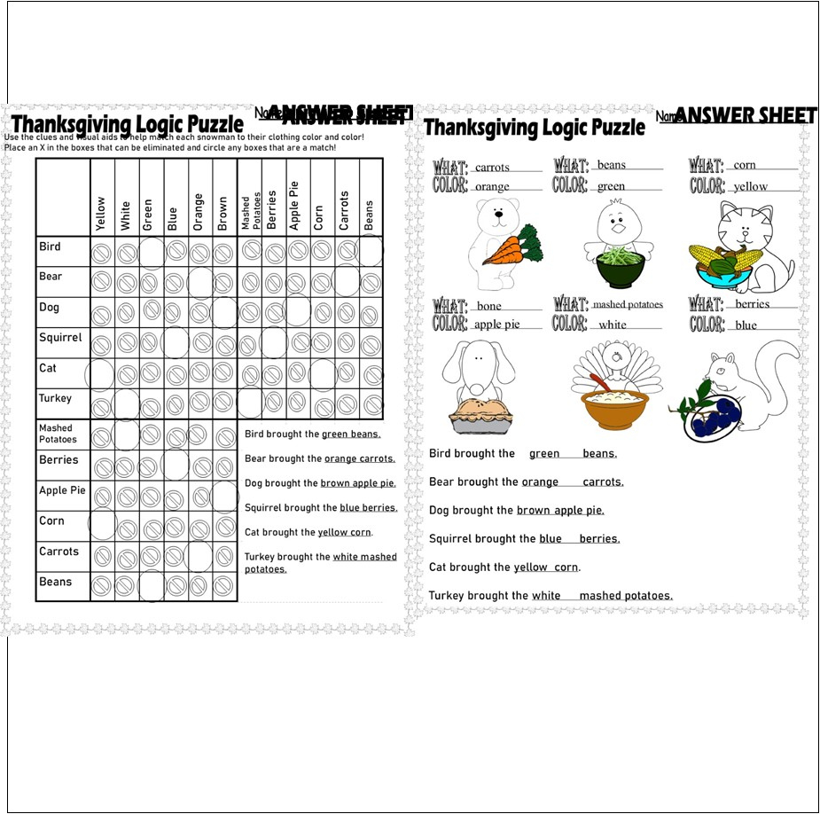Thanksgiving Logic Puzzle Critical Thinking Skills Graph Visuals regarding Thanksgiving Logic Puzzle Printables