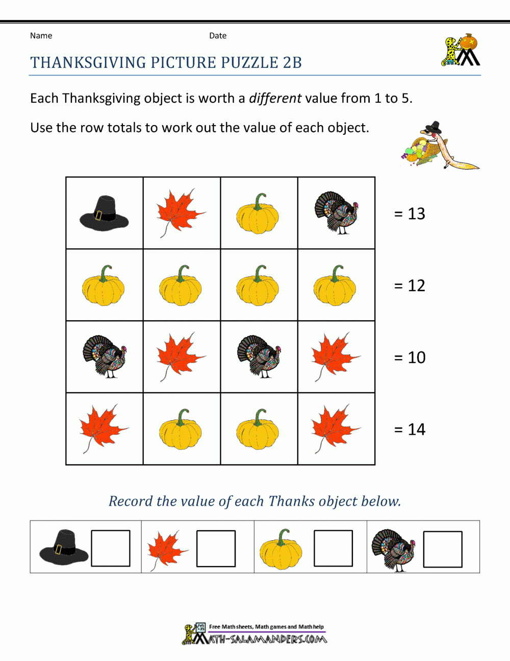 Thanksgiving Math Worksheets 2Nd Grade with Thanksgiving Algebra Puzzles