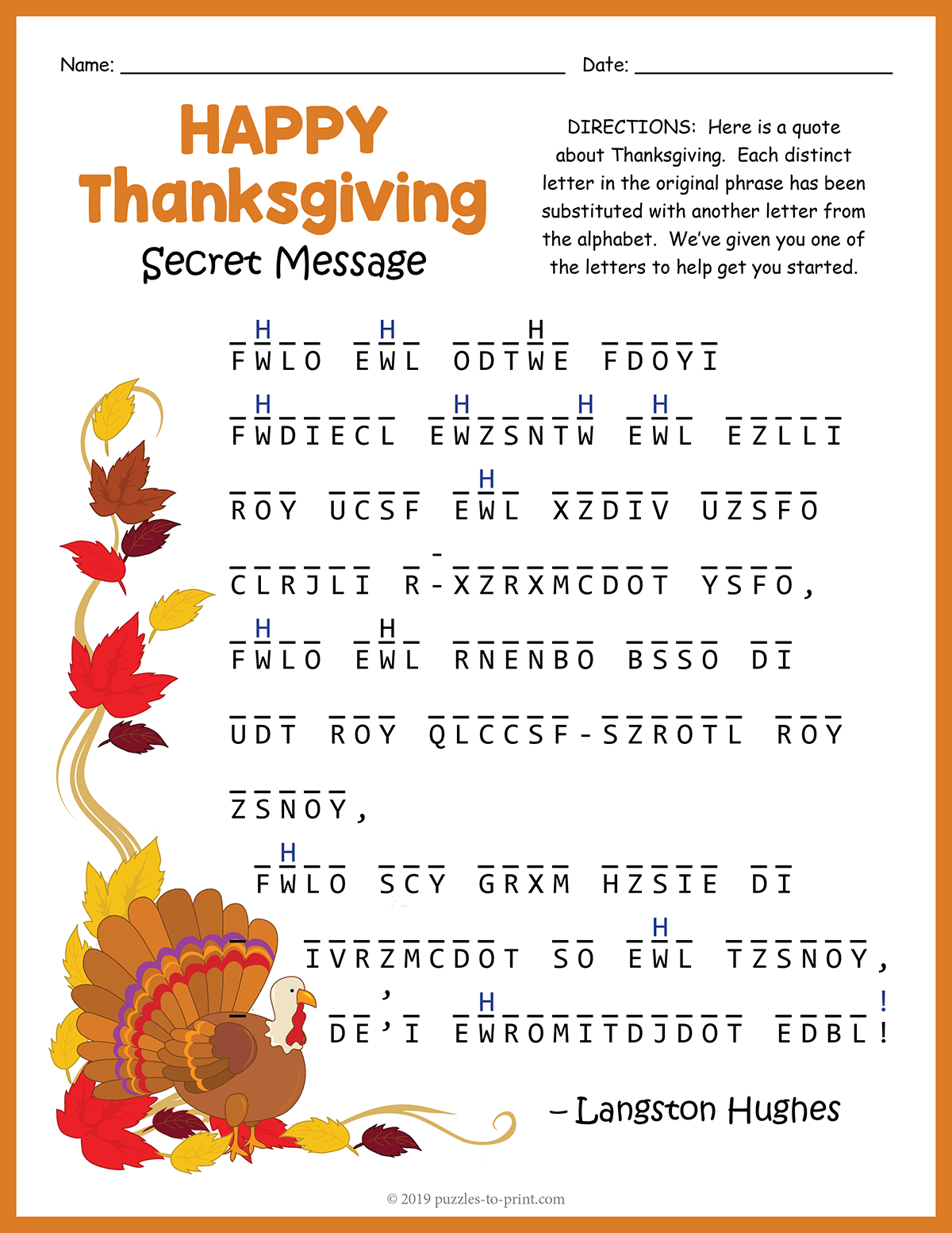 Thanksgiving Secret Message Puzzle inside Thanksgiving Secret Message Puzzle