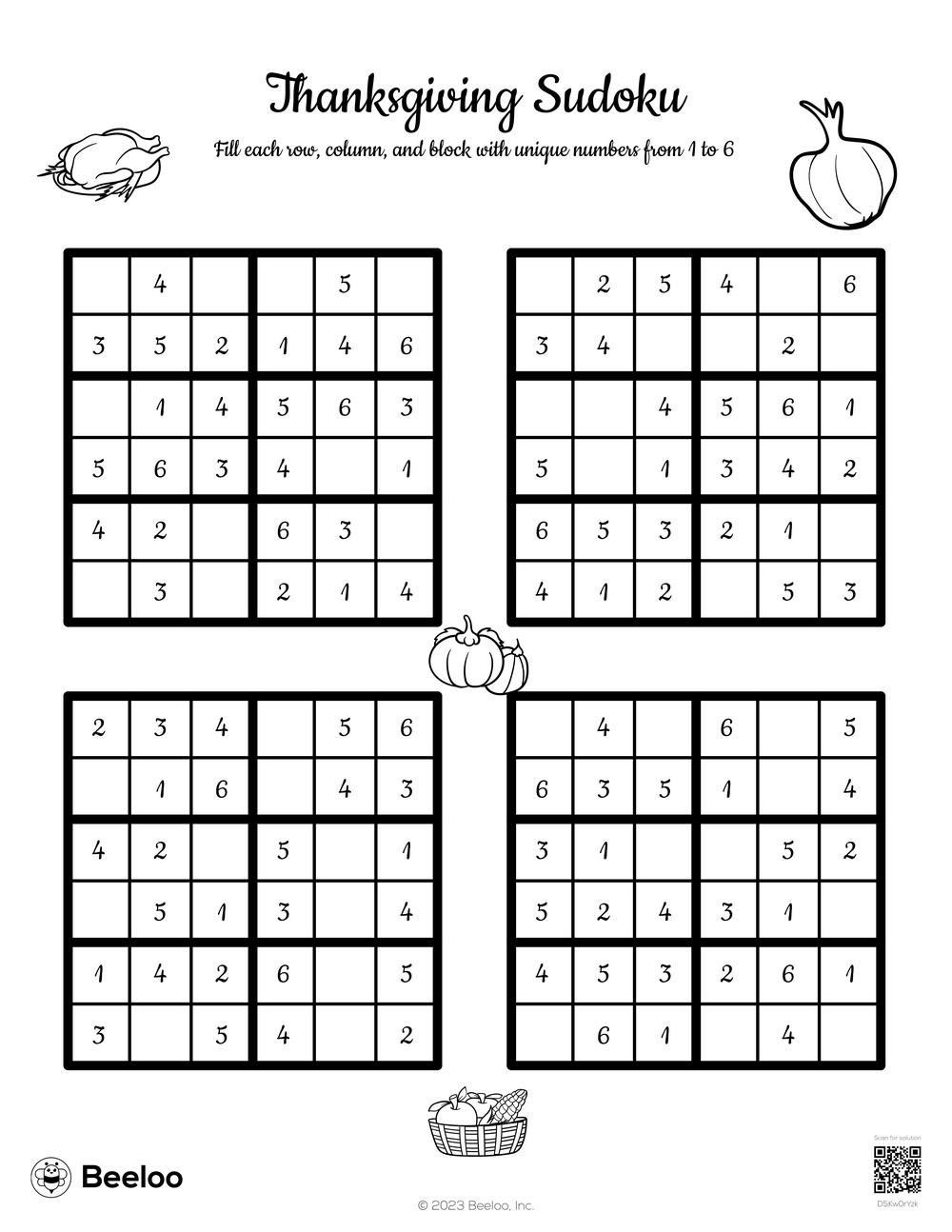 Thanksgiving Sudoku • Beeloo Printable Crafts And Activities For Kids with regard to Thanksgiving Sudoku Puzzle
