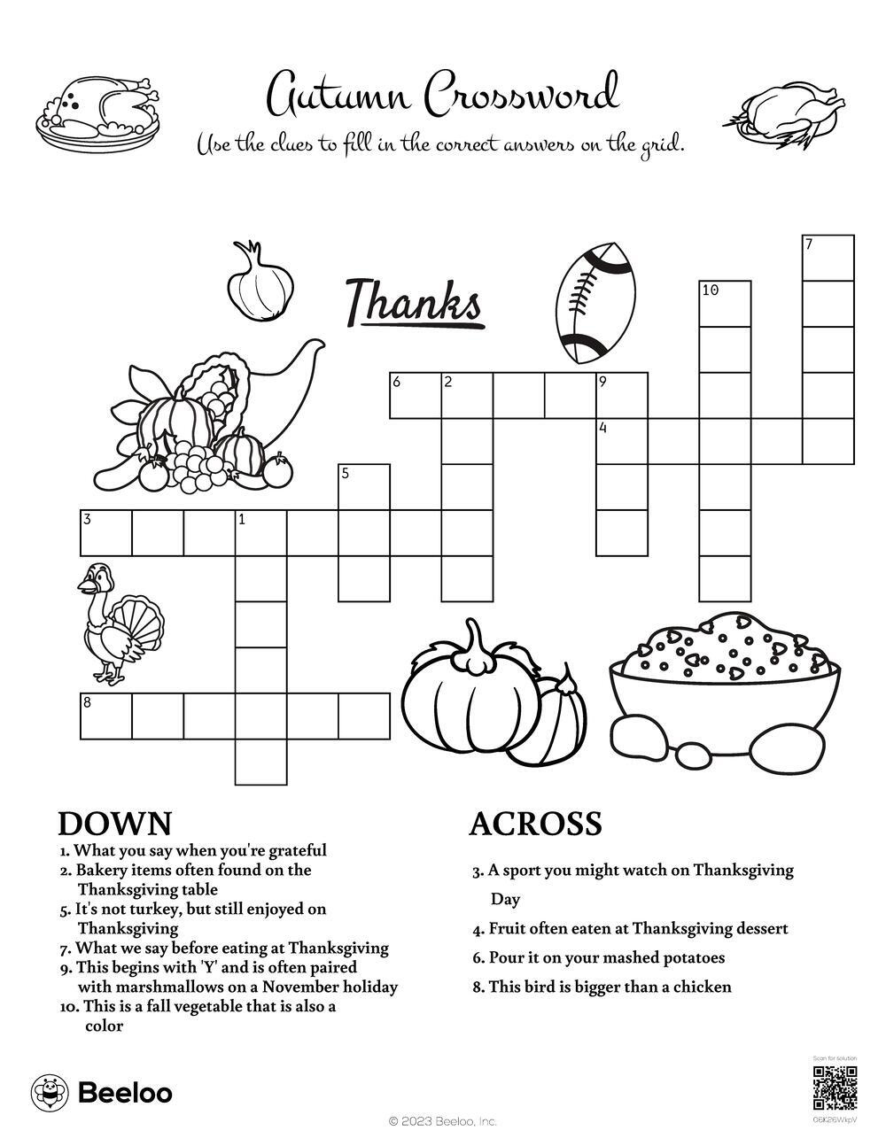 Thanksgiving-Themed Crossword Puzzles • Beeloo Printable Crafts for Thanksgiving Themed Crossword Puzzle