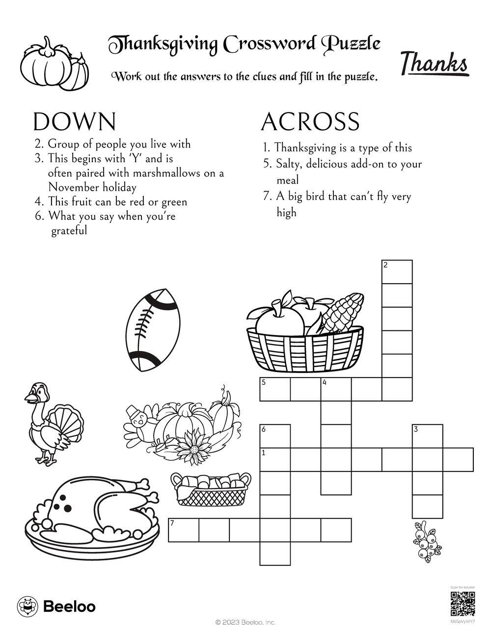 Thanksgiving-Themed Crossword Puzzles • Beeloo Printable Crafts in Thanksgiving Crossword Puzzle For Kids