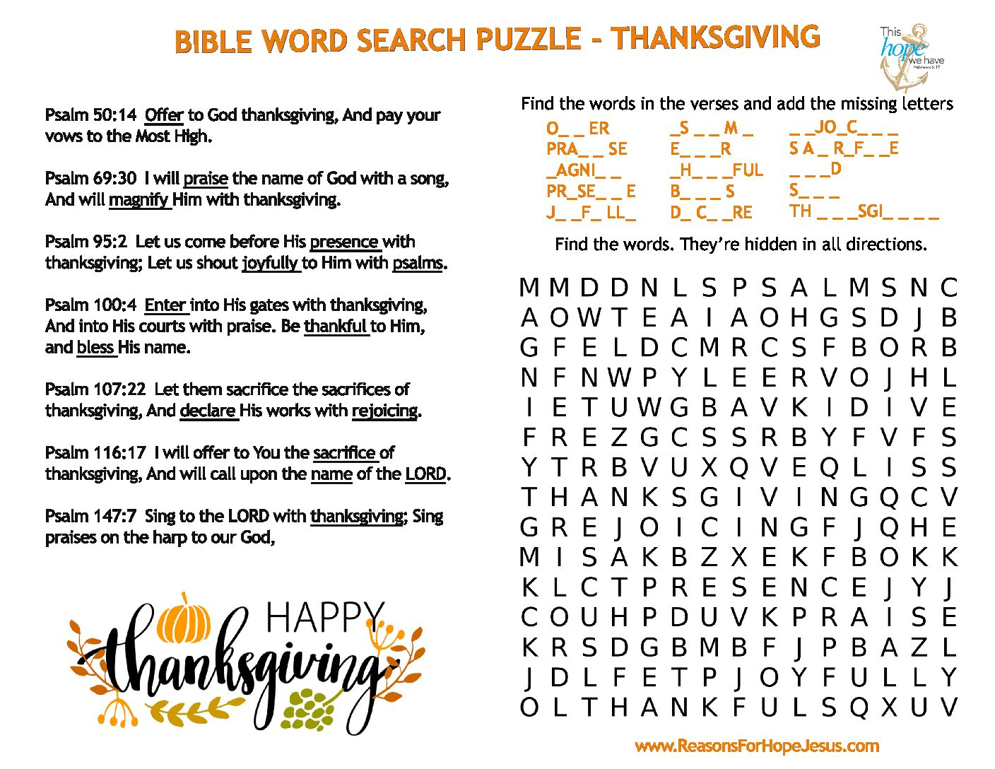 Thanksgiving Word Search Puzzle » Reasons For Hope* Jesus with Christian Thanksgiving Puzzles