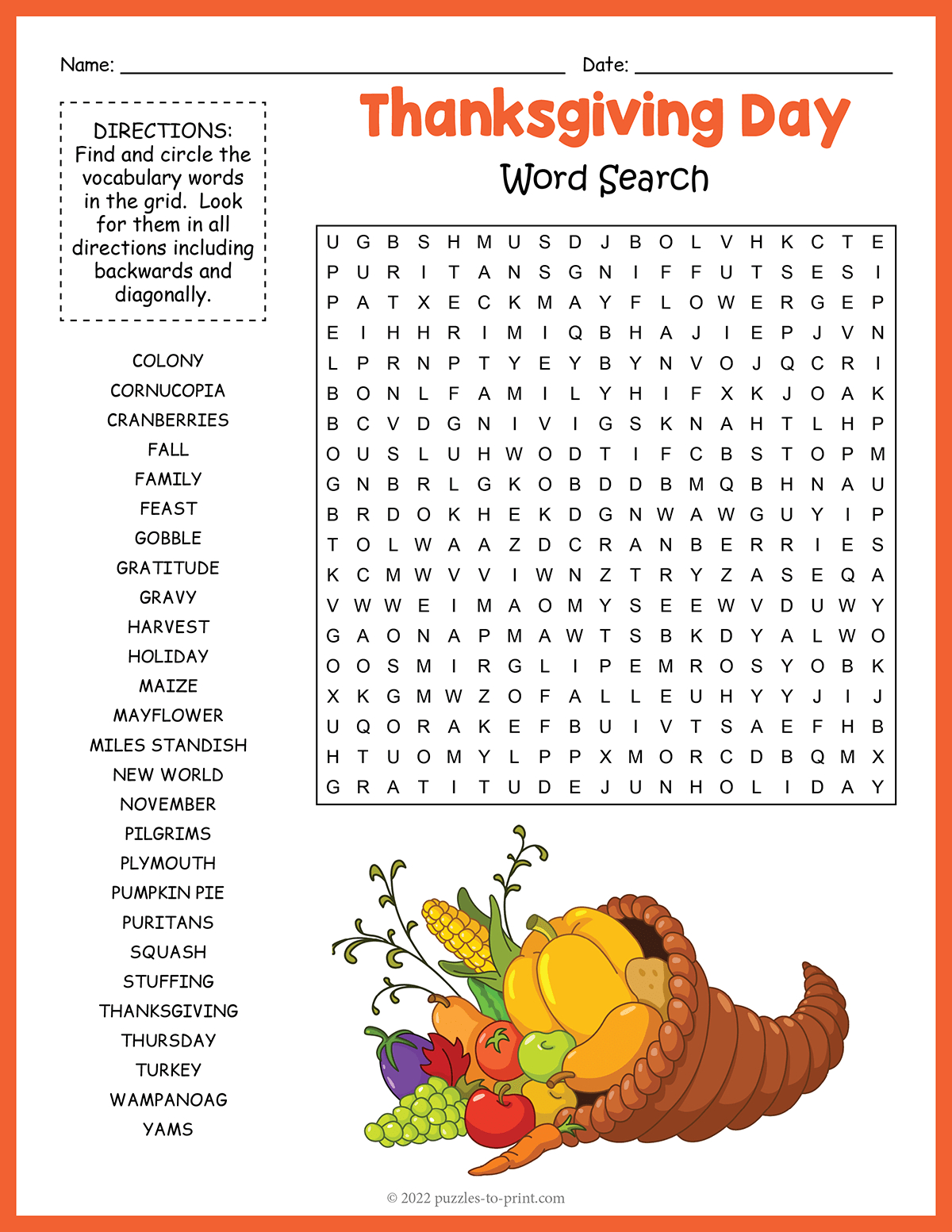 Thanksgiving Word Search with Thanksgiving Puzzle Printable