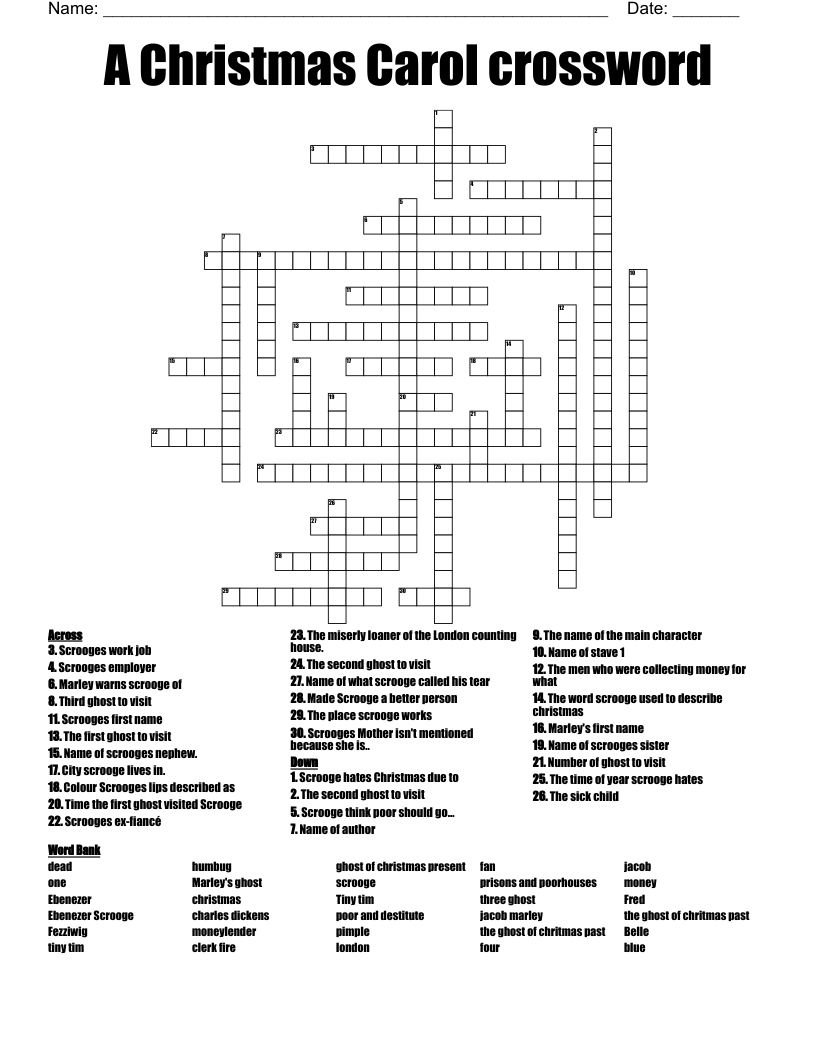 A Christmas Carol Crossword - Wordmint inside Christmas Carol Crossword Puzzle Answers
