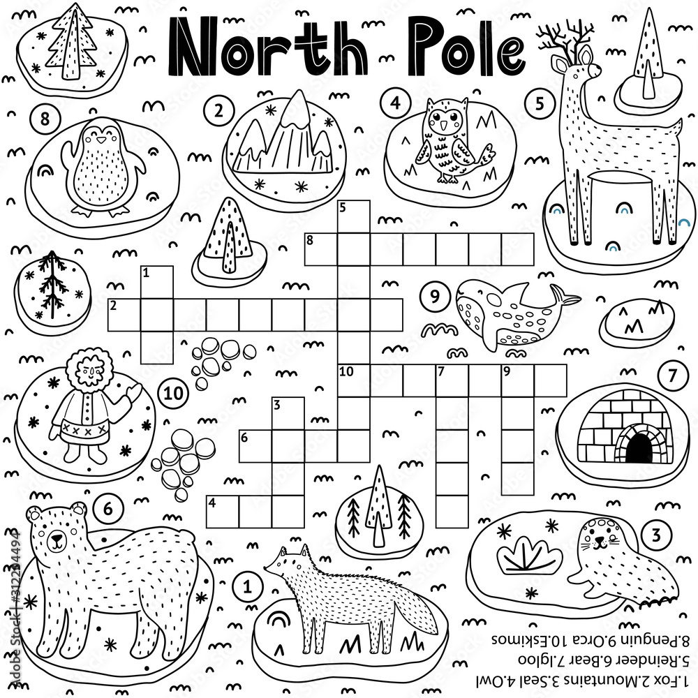Black And White Crossword Puzzle Game For Kids About North Pole inside Christmas At The North Pole Crossword