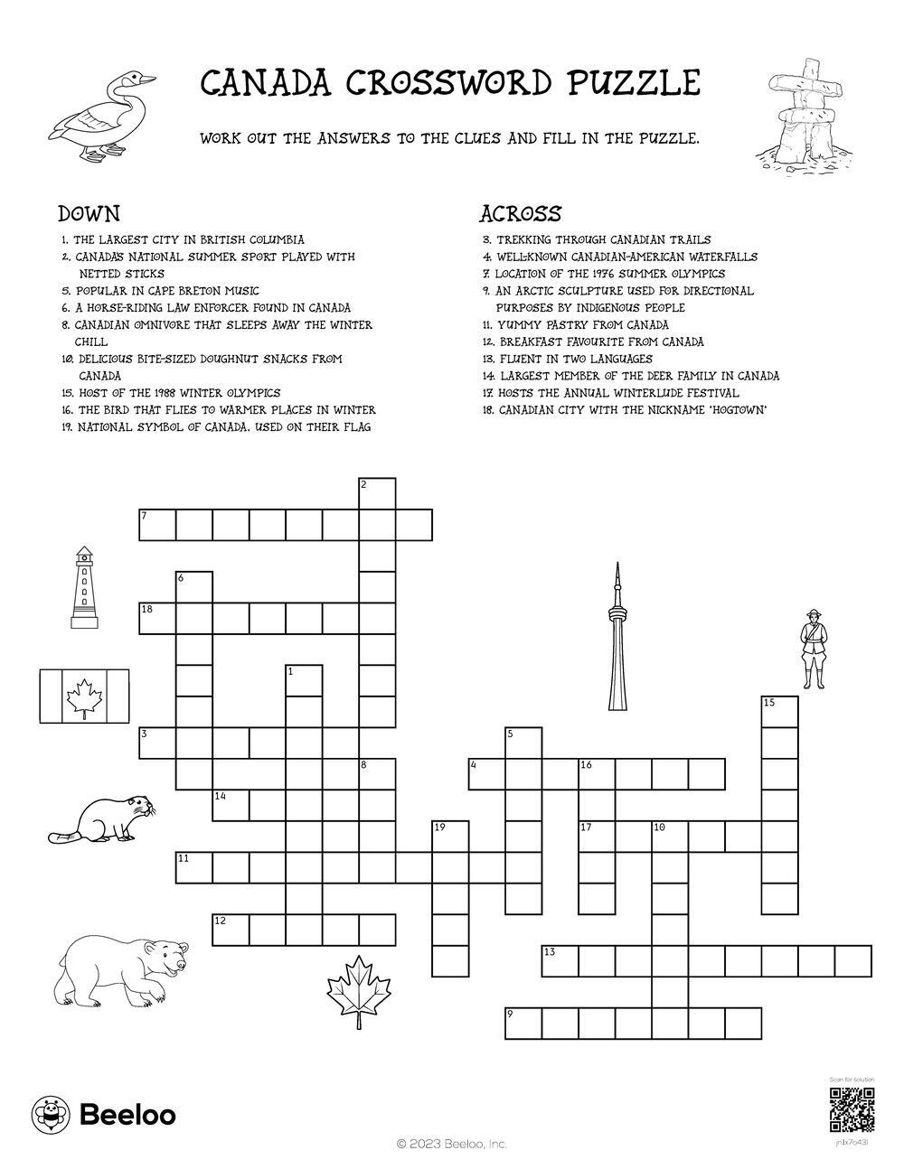 Canada Crossword Puzzle • Beeloo Printable Crafts And Activities in Christmas Warmer Crossword Clue
