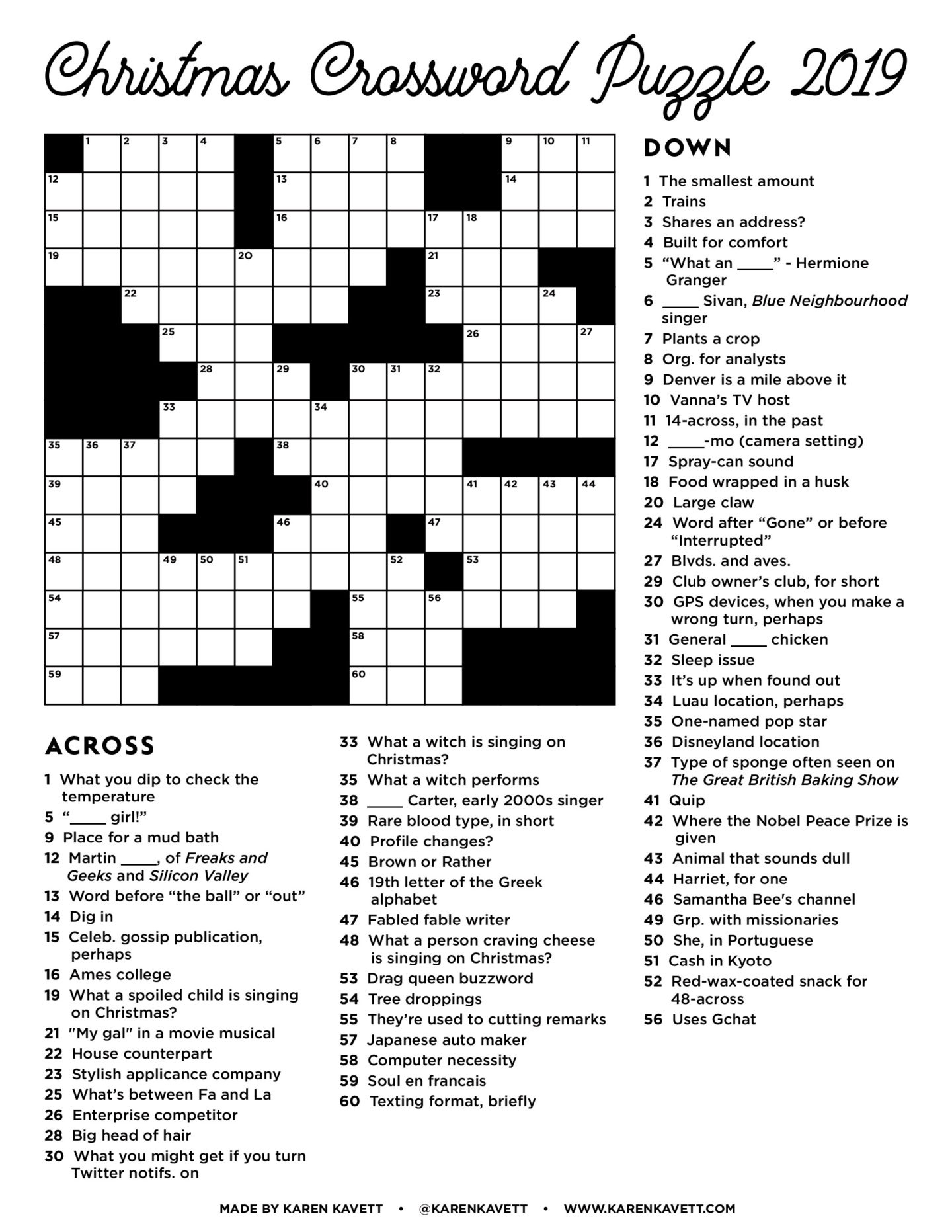 Christmas Crossword Puzzle 2019 - Karen Kavett within Christmas Crossword Puzzle Hard
