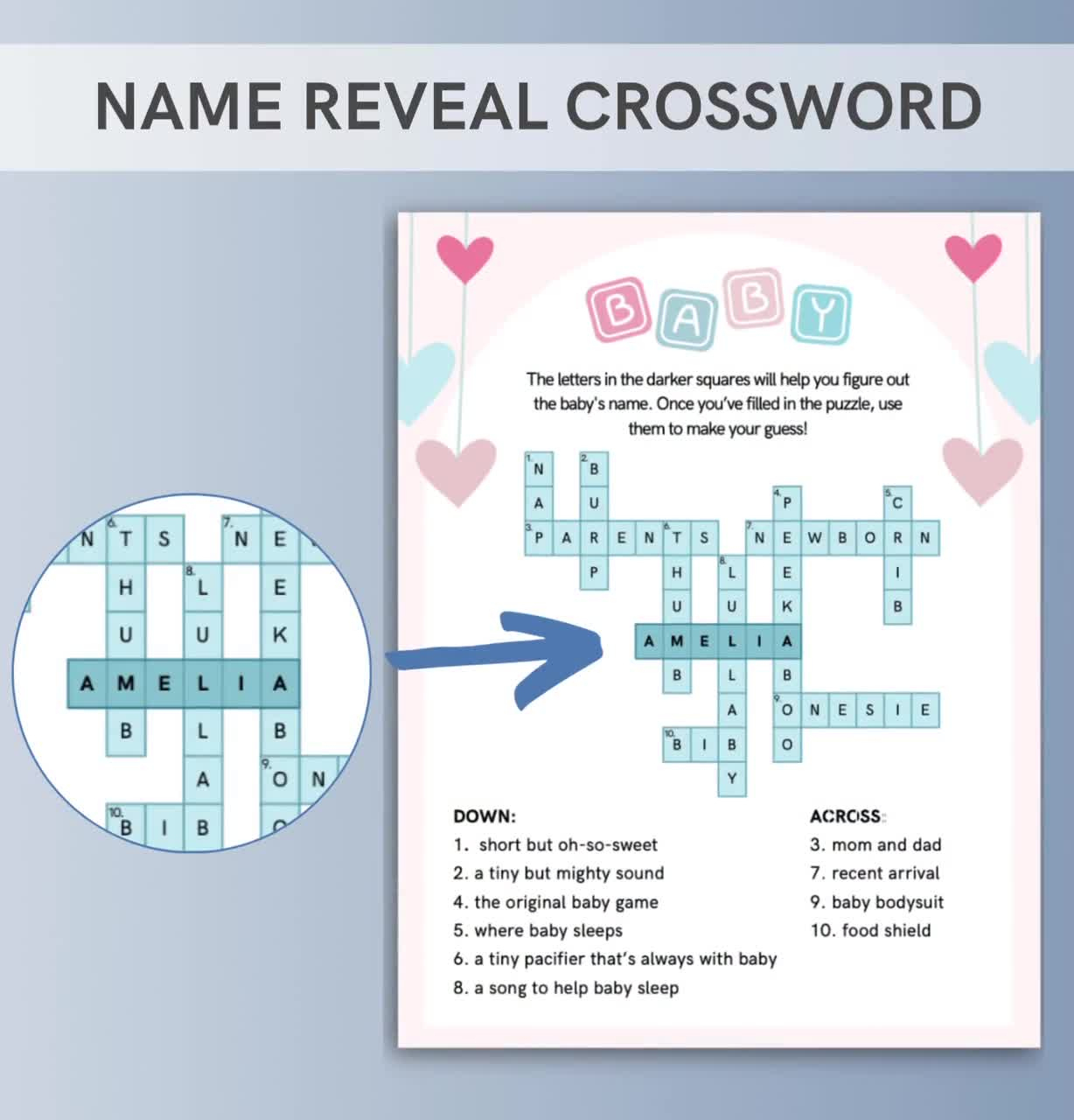 customized name reveal crossword game name announcement personalized name reveal game blue and pink baby shower games with regard to christmas dinner centerpiece crossword 3 letters Customized Name Reveal Crossword Game | Name Announcement | Personalized Name Reveal Game | Blue And Pink Baby Shower Games with regard to Christmas Dinner Centerpiece Crossword 3 Letters