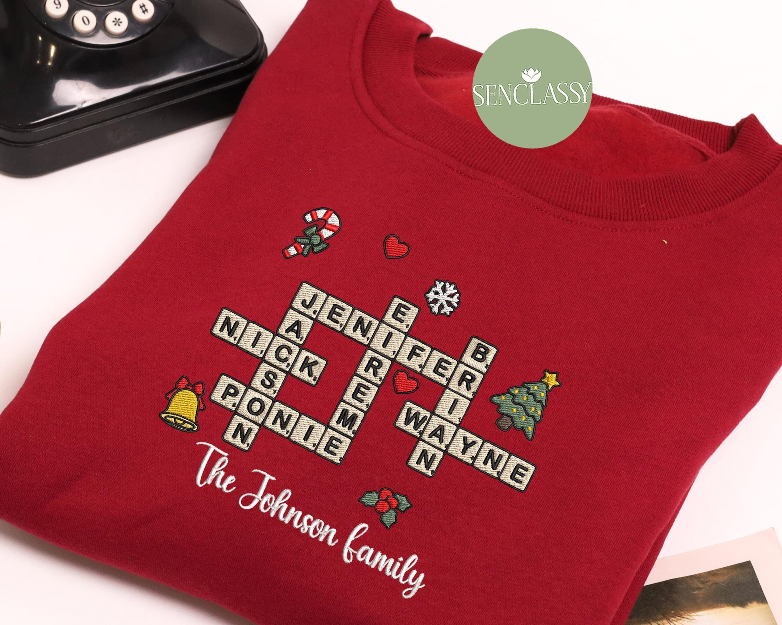 family crossword christmas embroidered sweatshirt scrabble within tiny bells added to a christmas sweater crossword scaled Family Crossword Christmas Embroidered Sweatshirt, Scrabble within Tiny Bells Added To A Christmas Sweater Crossword