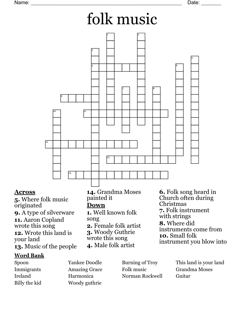 Folk Music Crossword - Wordmint with regard to Christmas Song Line From An Artist Crossword