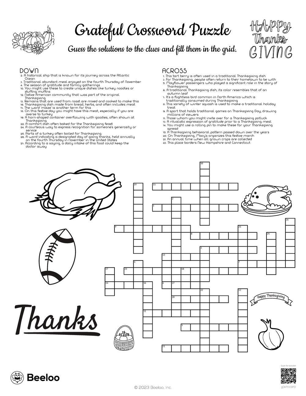 Grateful Crossword Puzzle • Beeloo Printable Crafts And Activities with regard to Seasoning For The Christmas Turkey Crossword