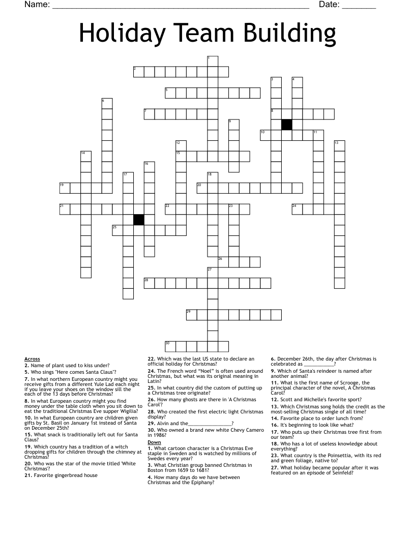 Holiday Team Building Crossword - Wordmint intended for Twelve Days Of Christmas Group Crossword Clue
