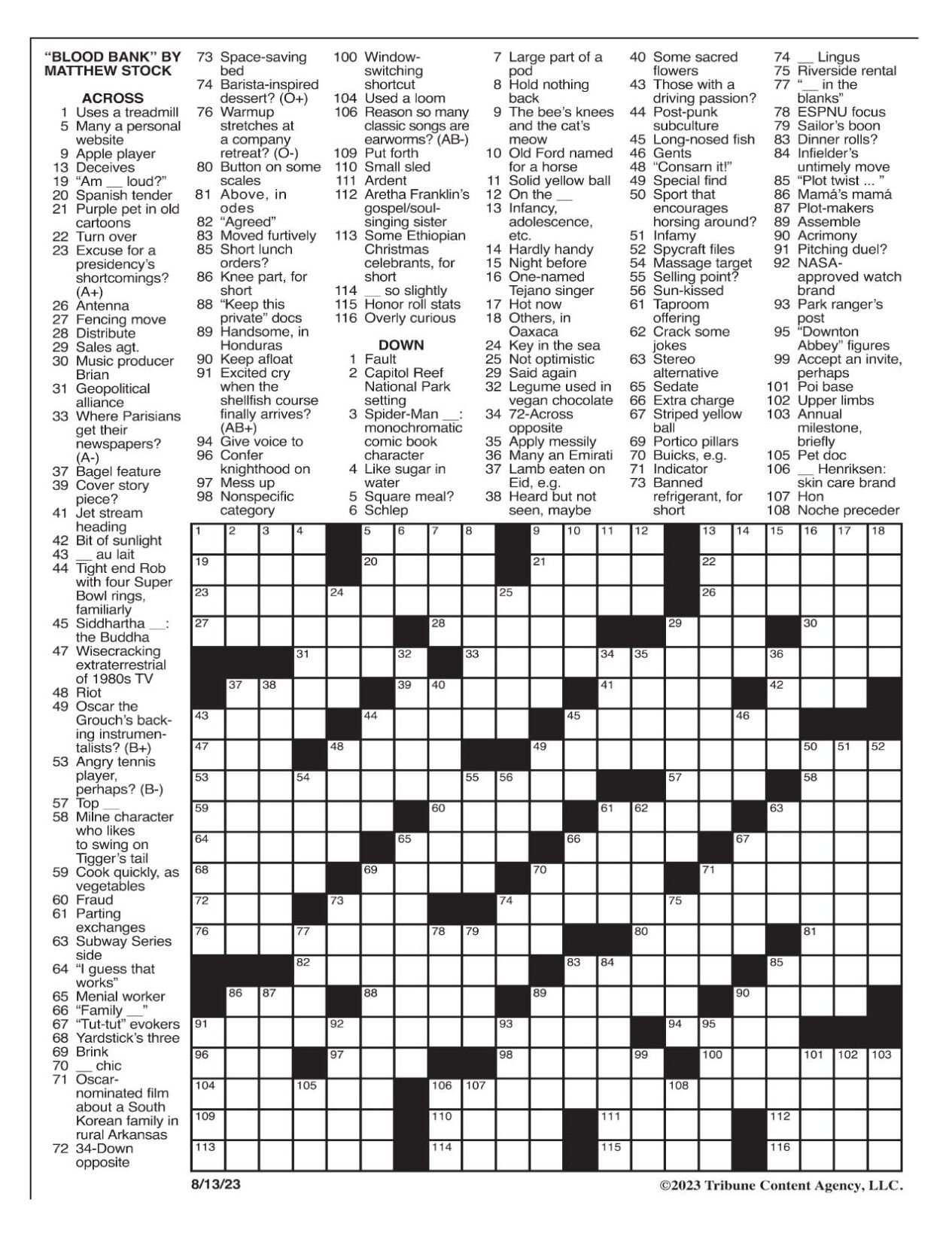 La Times Crossword: Aug. 13, 2023 | Crosswords | Yakimaherald for La Christmas Setting Crossword
