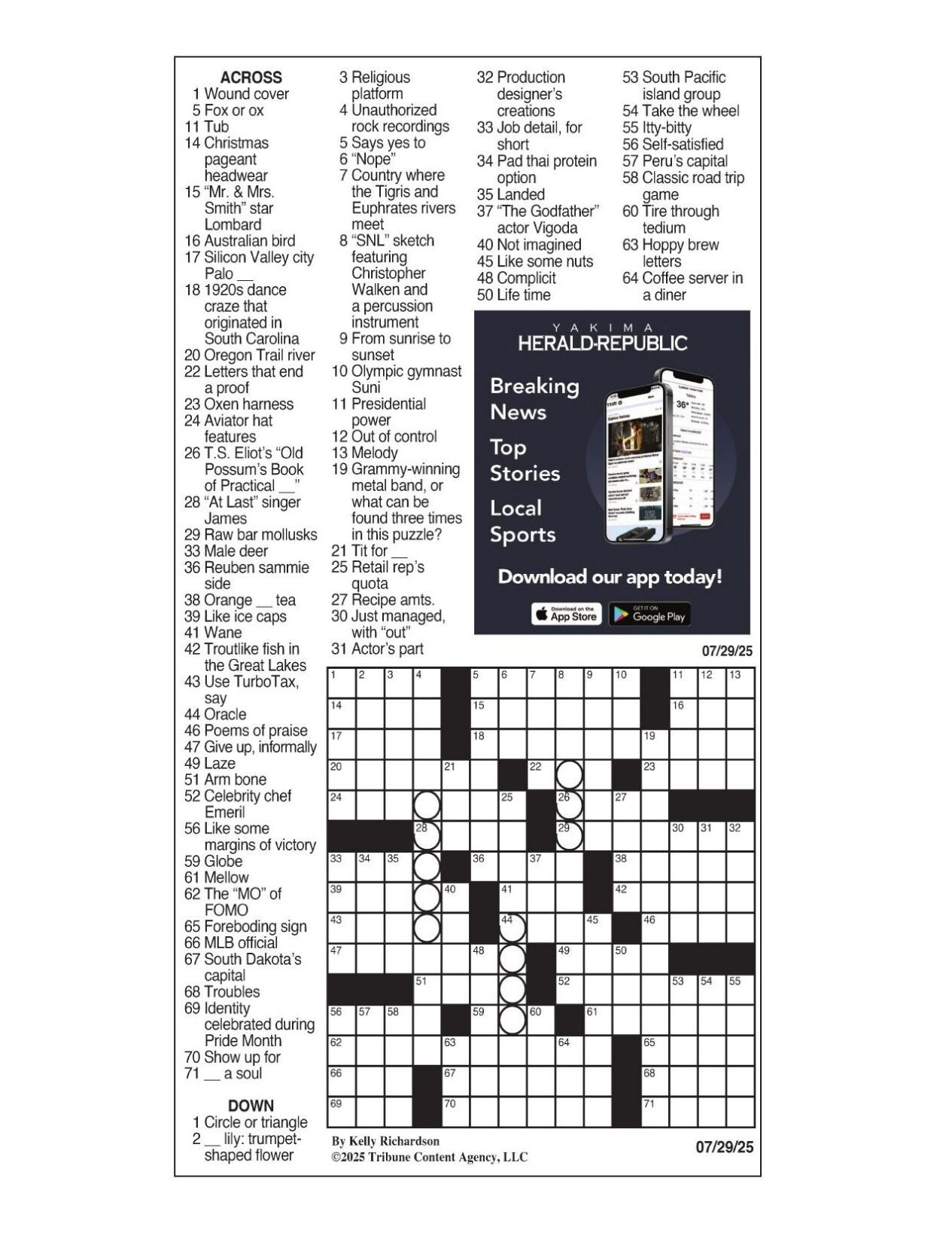 La Times Crossword: July 29, 2025 | Crosswords | Yakimaherald inside Christmas Pageant Headwear Crossword