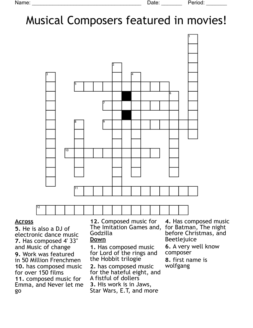 Musical Composers Featured In Movies! Crossword - Wordmint within White Christmas Composer Crossword Clue