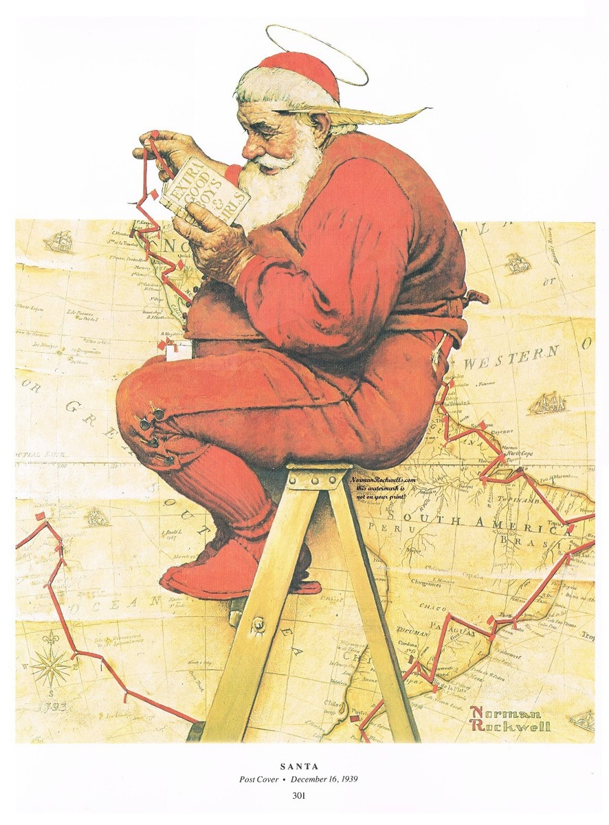 Norman Rockwell Print &amp;quot;Santa Claus Plans His Trip&amp;quot; Christmas in Santa&amp;amp;#039;s Route on Christmas Eve Nyt Crossword