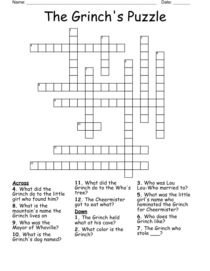 The Grinch&amp;#039;S Puzzle Crossword - Wordmint regarding How The Grinch Stole Christmas Crossword Puzzle Answer Key