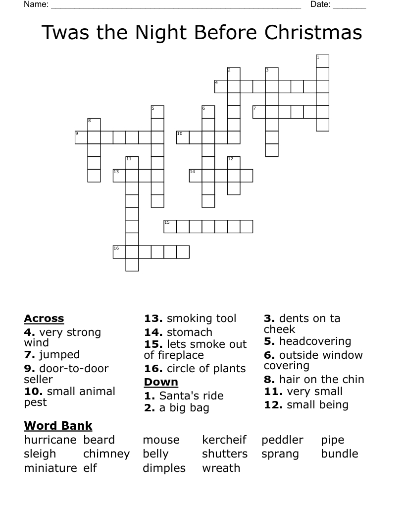 Twas The Night Before Christmas Crossword - Wordmint throughout Twas The Night Before Christmas Crossword Puzzle