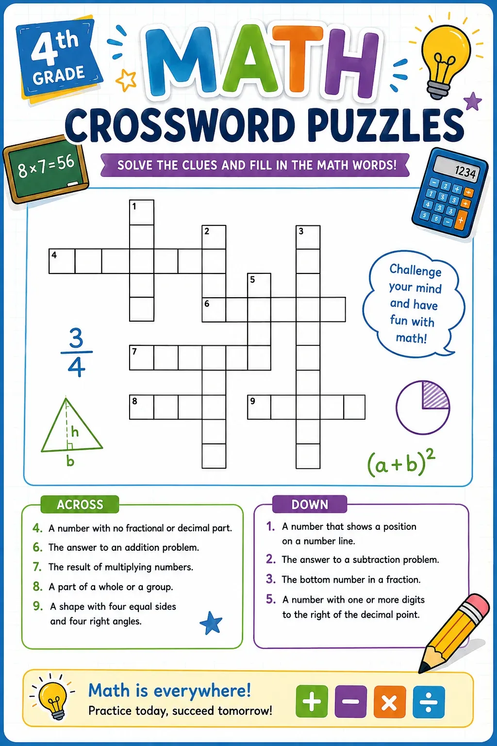 4th Grade Math Vocabulary Crossword Puzzles
