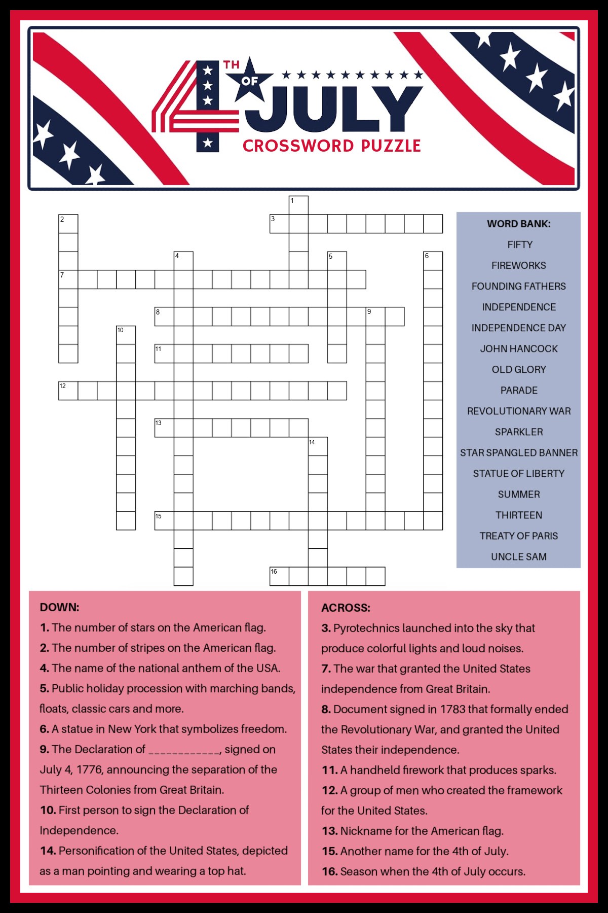 4th Of July Crossword Puzzle