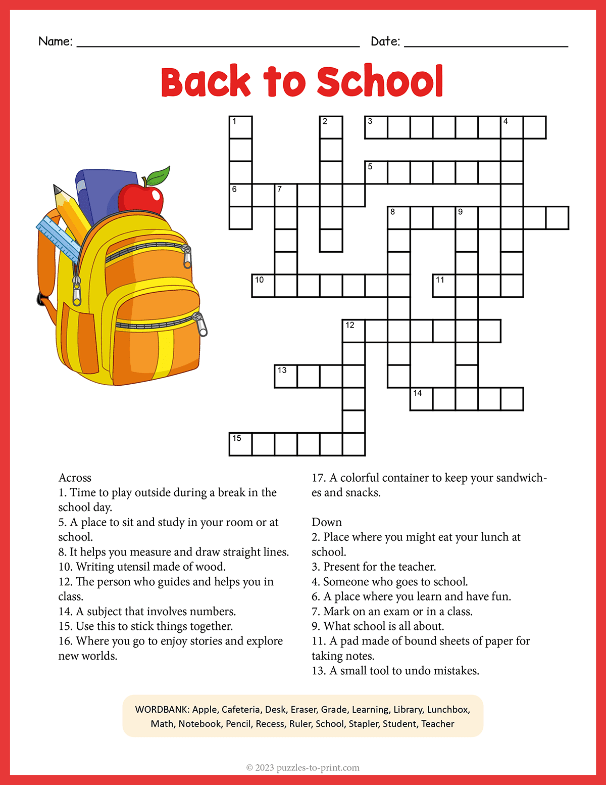 Back To School Crossword shtml