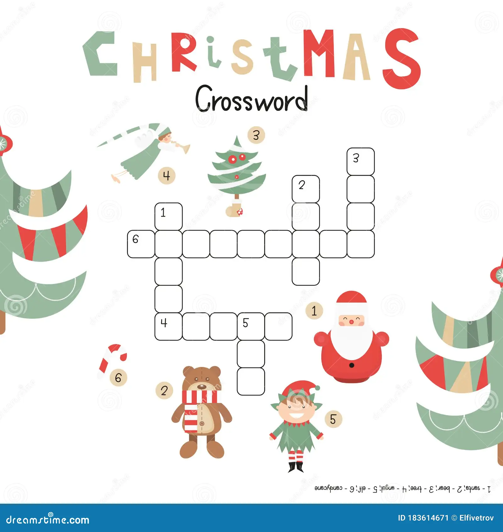 Christmas Crossword Kids English Puzzle Game Cartoon Characters Symbols Santa Elf Bear Angel Candy Tree Games Image183614671