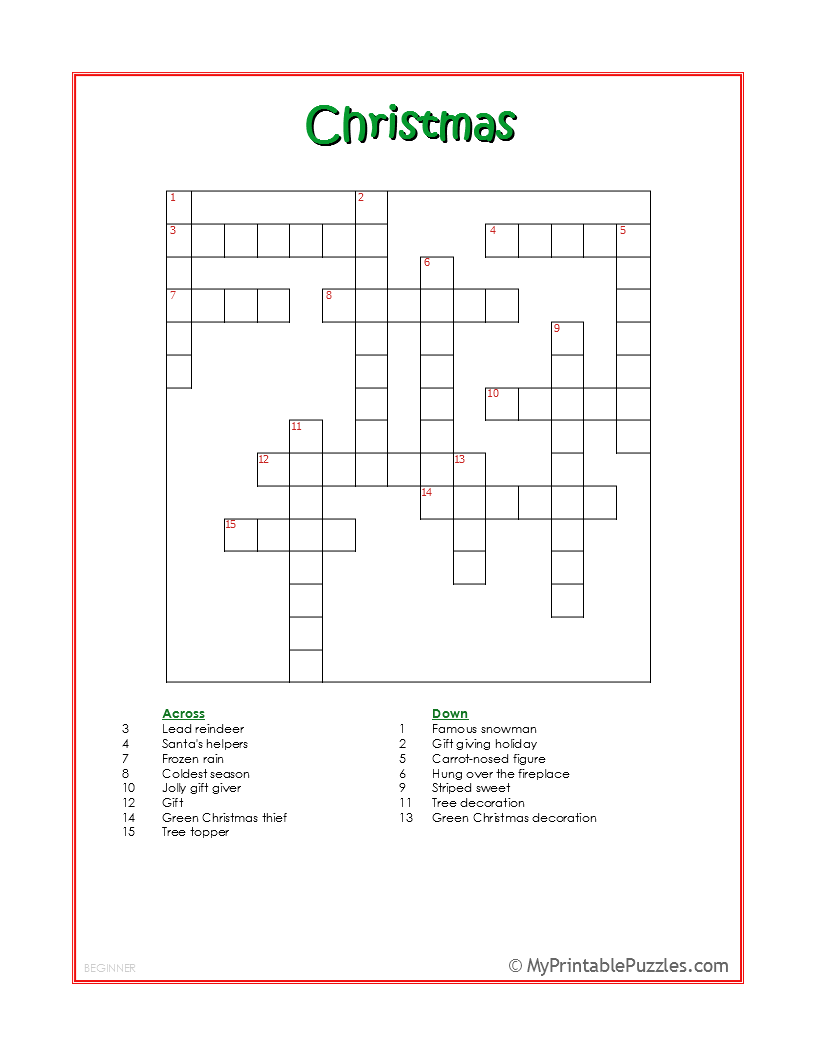 Christmas Crossword Puzzle Beginner Christmas Crossword Puzzle Beginner
