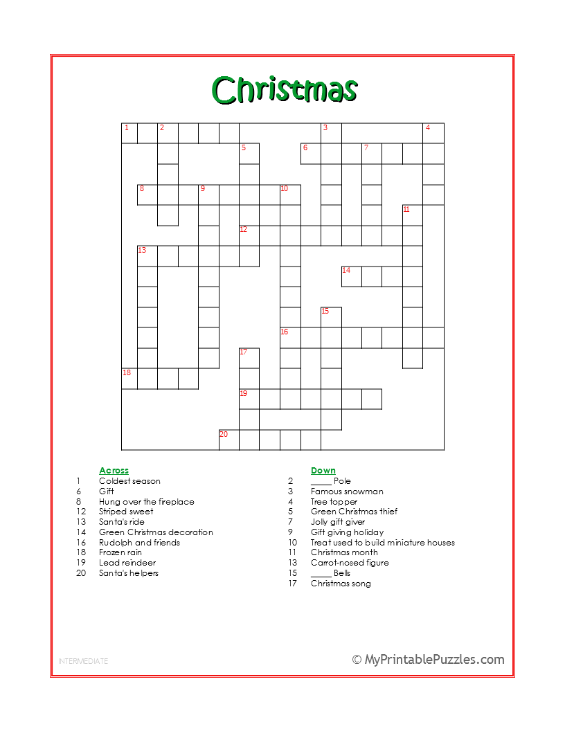 Christmas Crossword Puzzle Intermediate
