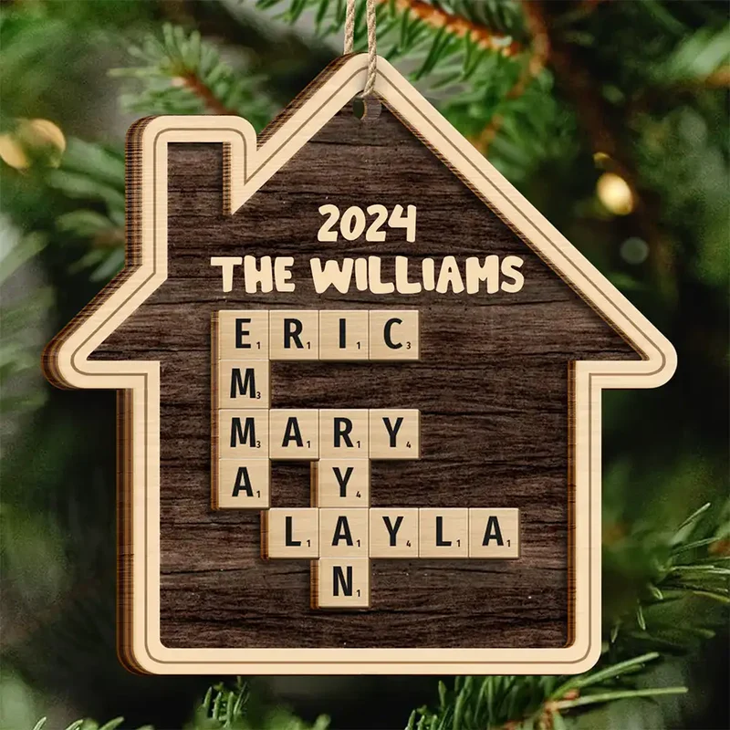 Christmas Family House Crossword Scrabble Personalized 2 Layered Wooden Ornament Kk1066dil1330
