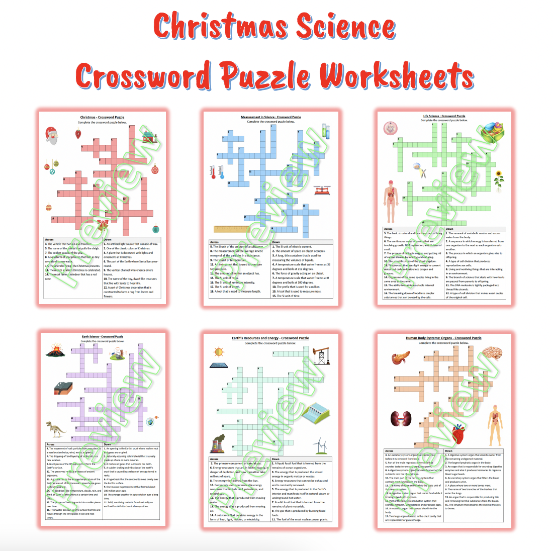 Christmas Holiday Science Crossword Puzzle Worksheets Bundle Printable 13164134
