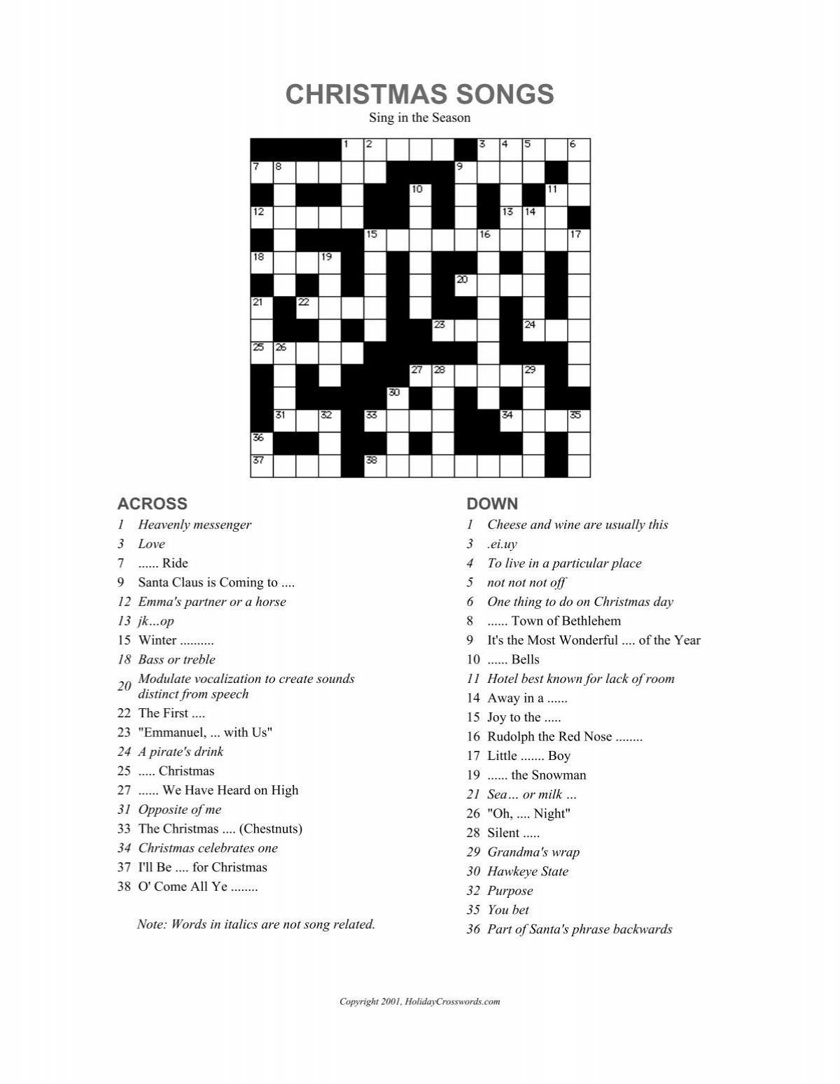 Christmas Songs Crossword Puzzle Party Puzzle Newswordcom