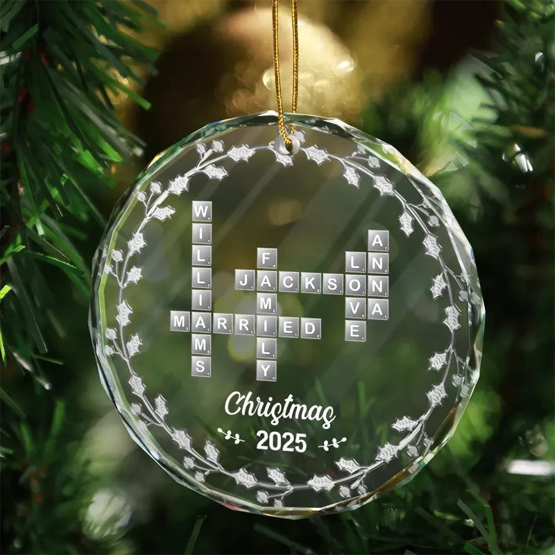 Crossword Scrabble Family Name 3d Silver Effect Printed Personalized Circle Glass Ornament Th126nel3227