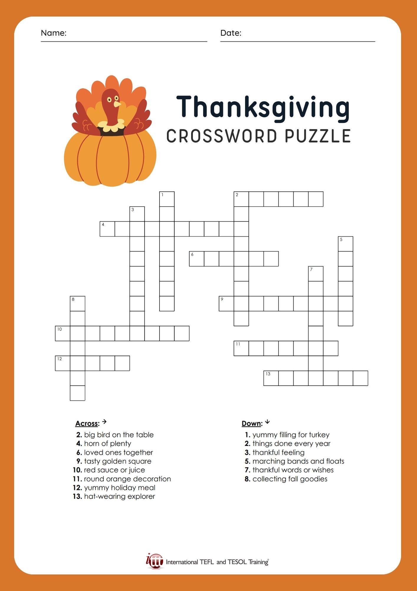 Efl Thanksgiving Vocabulary Crossword Puzzle