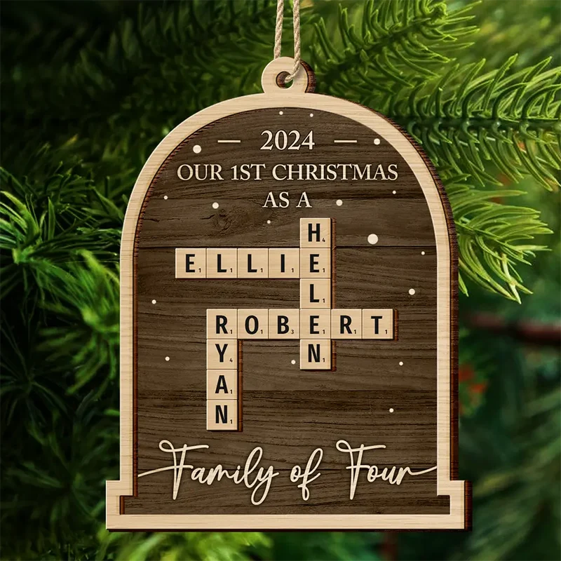 First Christmas As A Family Of Four Crossword Scrabble Personalized 2 Layered Wooden Ornament Ta494hal2992