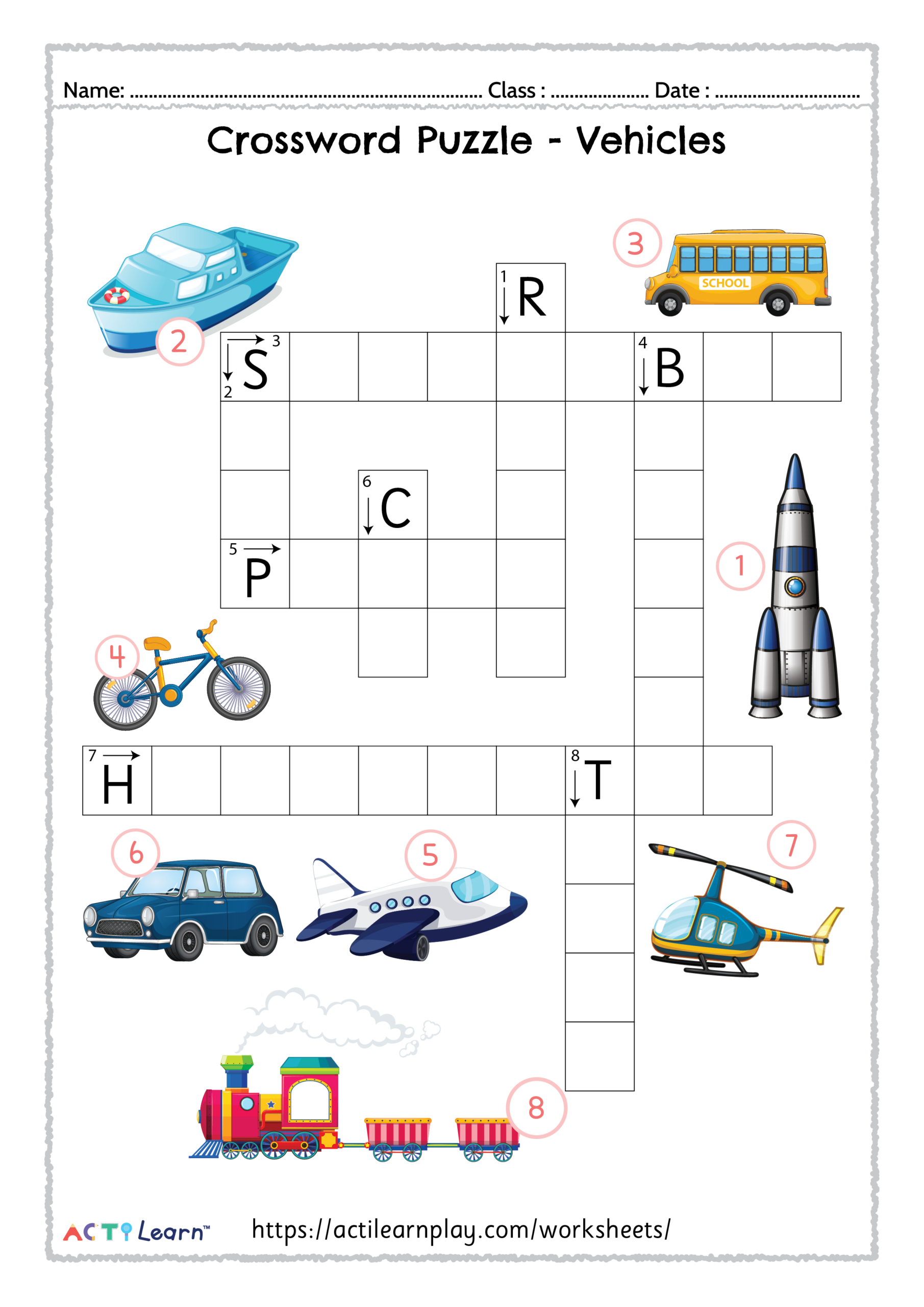 Free Printable Puzzle Vehicles Crossword For Kids