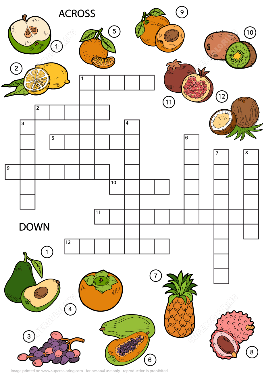 Fruits Crossword Puzzle For Middle School
