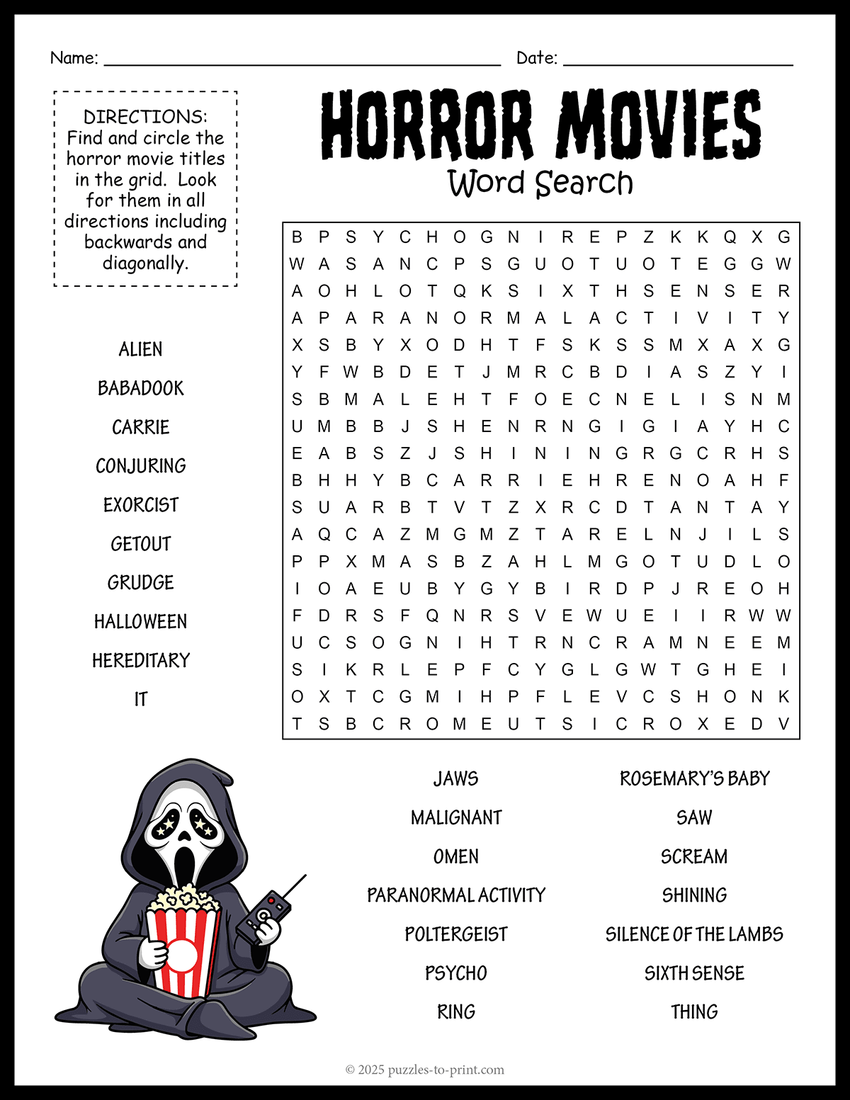 Horror Movies Word Search shtml Horror Movies Word Search shtml