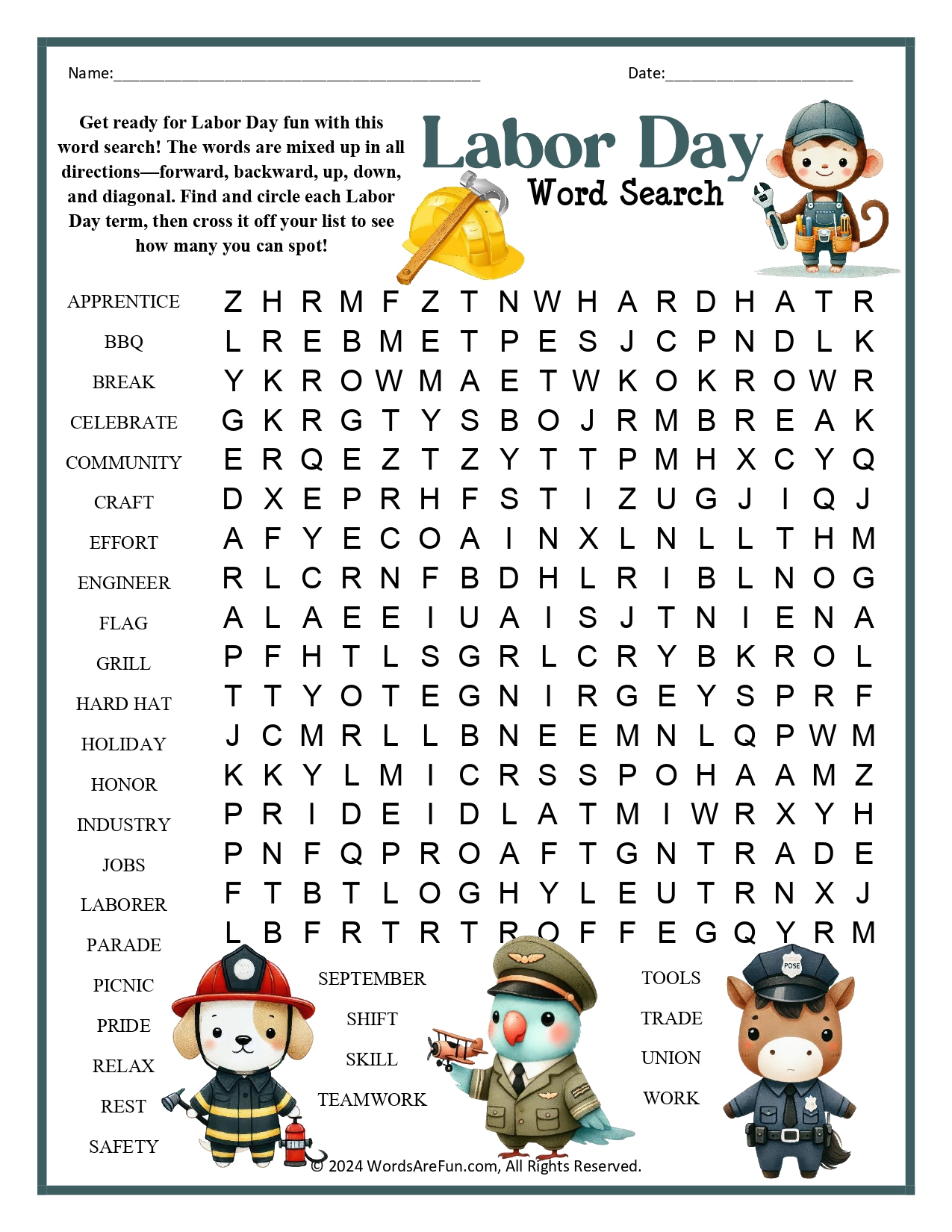 free printable labor day crossword puzzles