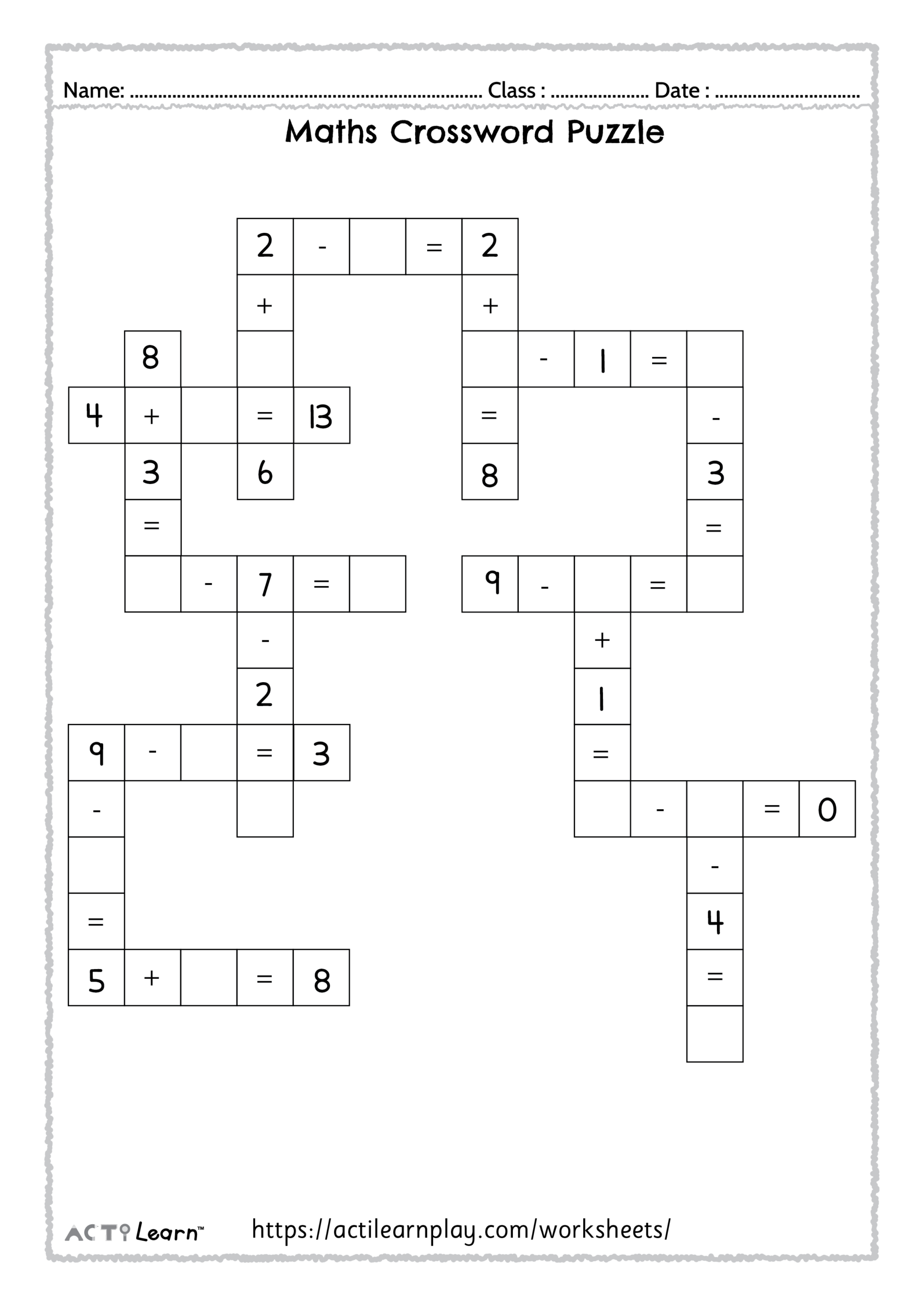 Math Crossword Puzzle Addition Subtraction Printable