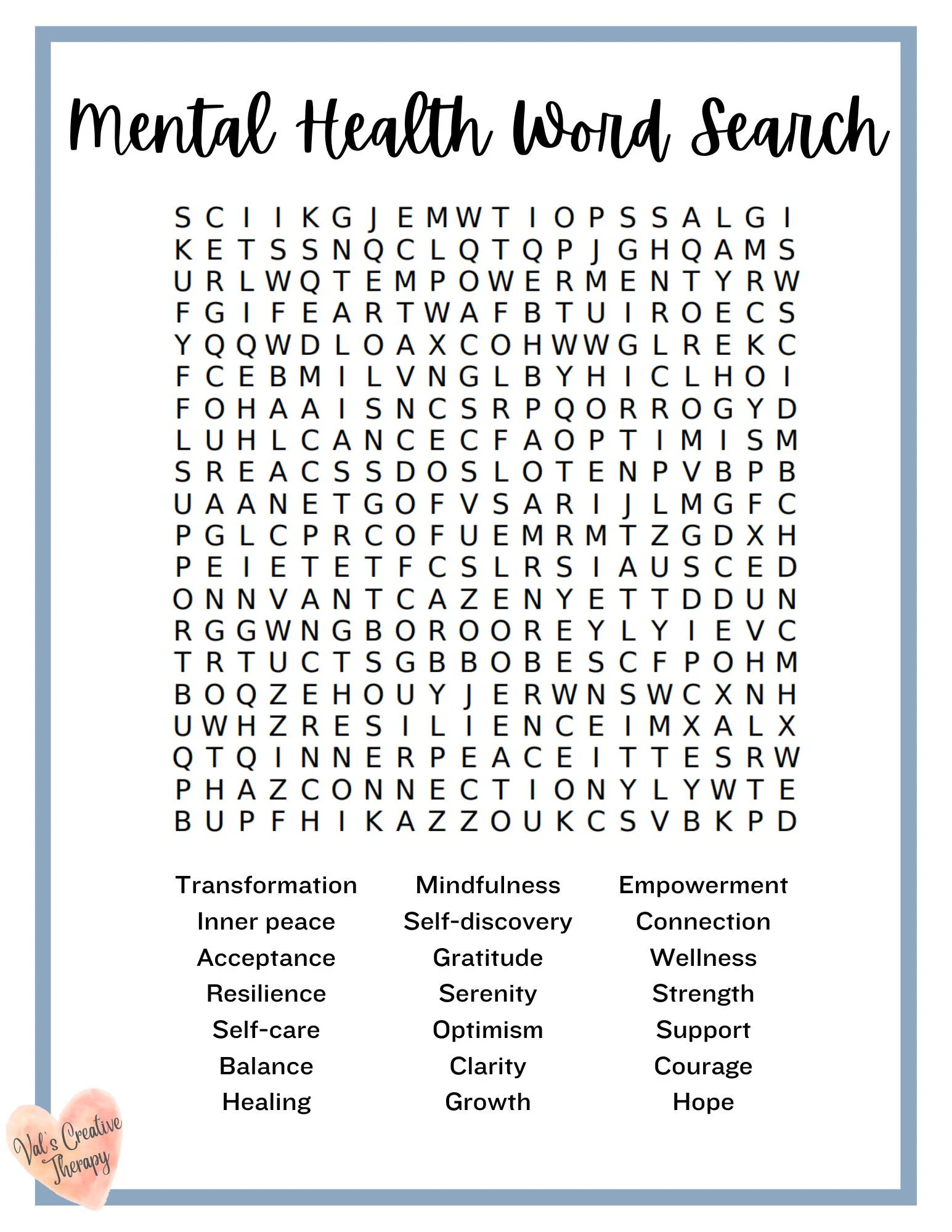 Mental Health Crossword Calming