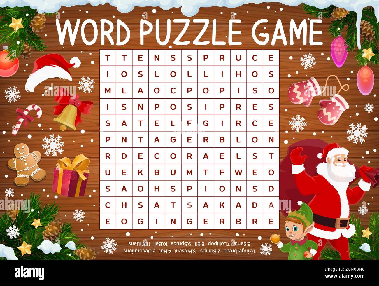 Merry Christmas Word Puzzle Game Worksheet Word Quiz Or Riddle With Santa Elf And Xmas Candy Sweets Gifts Kids Crossword Child Educational Game Page With Christmas Items Winter Holidays Symbols Image443307908